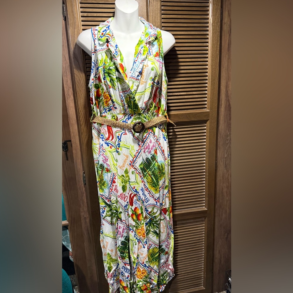 Colorful Patterned Maxi Dress with Belt